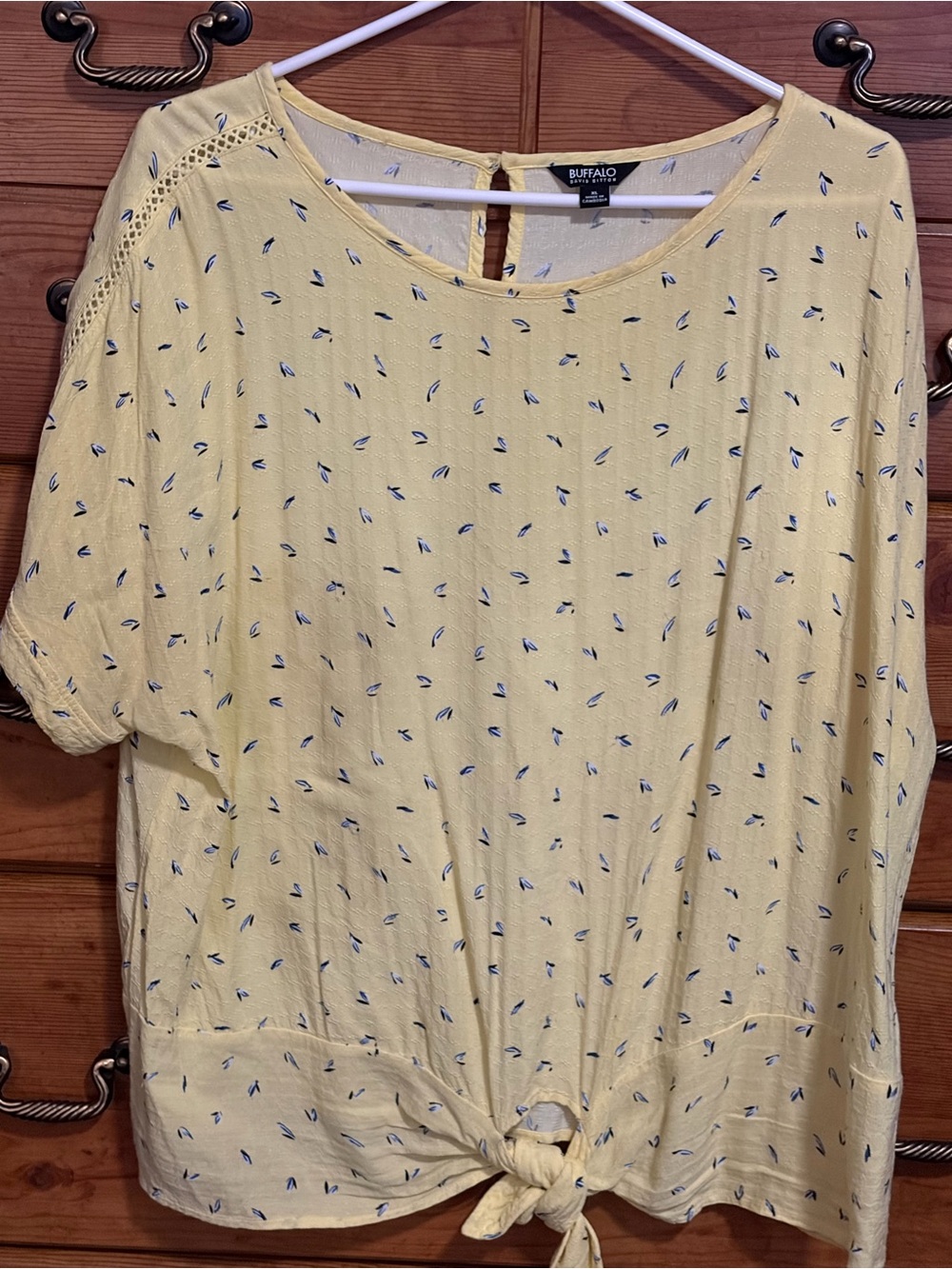 Buffalo David Bitton Yellow Short Sleeve Tie-Front Top with Navy Dot Print